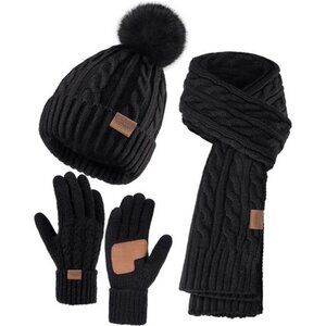 Remifa Winter Beanie Hat Scarf Gloves Set for Women, 3 PCS Pom Pom Hat